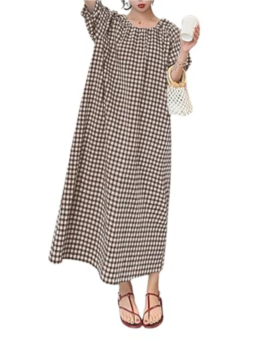Women's Cotton Gingham Swing Dress with Puff Sleeves Midi Length